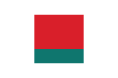 White rectangle with a red block above a teal band.